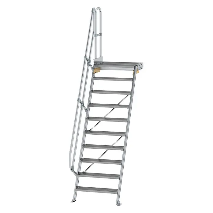 Munk Außentreppe Treppe mit Plattform 60° inkl. einen Handlauf, 800mm Stufenbreite, 10 Stuf -  - Silberne Aluminium-Zugangstreppe mit Plattform und Handlauf für sicheren erhöhten Zugang.