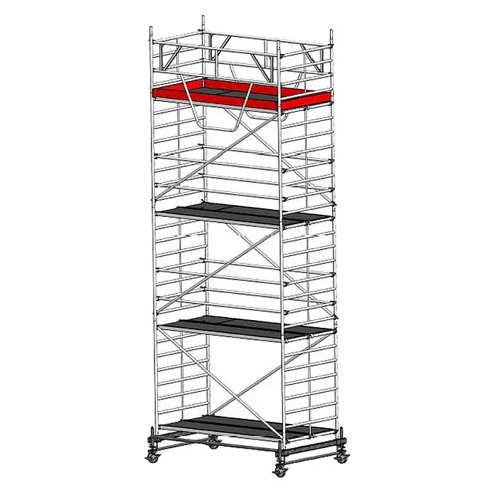 Euroline Rollgerüst Gerüst 9514 mit Sicherheitsaufbau 1,50x2,85m Fahrbalken verschiebbar 8,50m - Arbeitshöhe: 8.500 m - Mobiles Aluminium-Rollgerüst mit schwarzen Plattformen und roter oberer Plattform, auf Rädern.