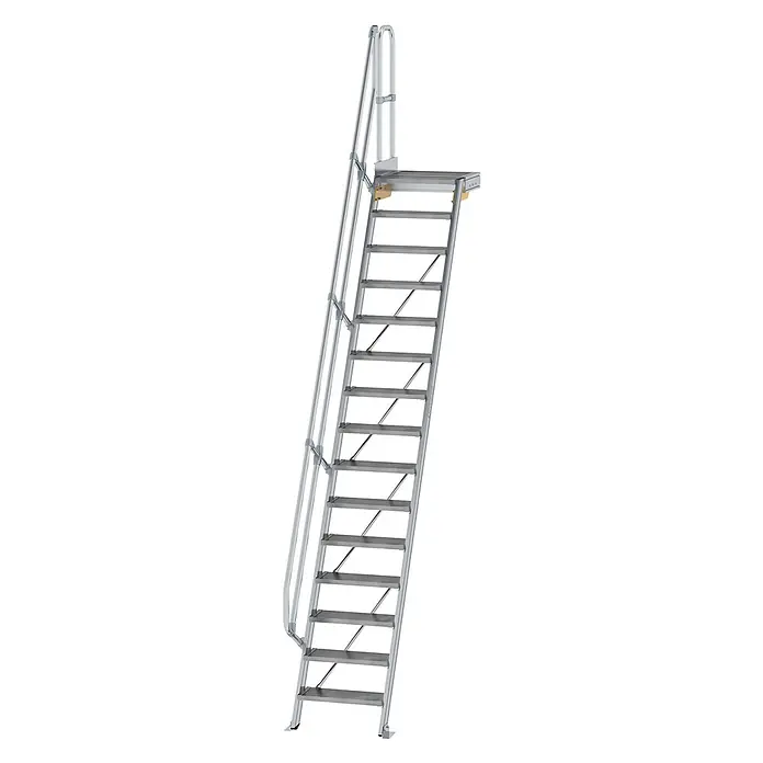 Munk Außentreppe Treppe mit Plattform 60° inkl. einen Handlauf, 600mm Stufenbreite, 15 Stuf - Anzahl Steigungen: 15 Stk. - Silberne Aluminium-Zugangsleiter mit Handläufen und einer kleinen Plattform zum sicheren Aufstieg.