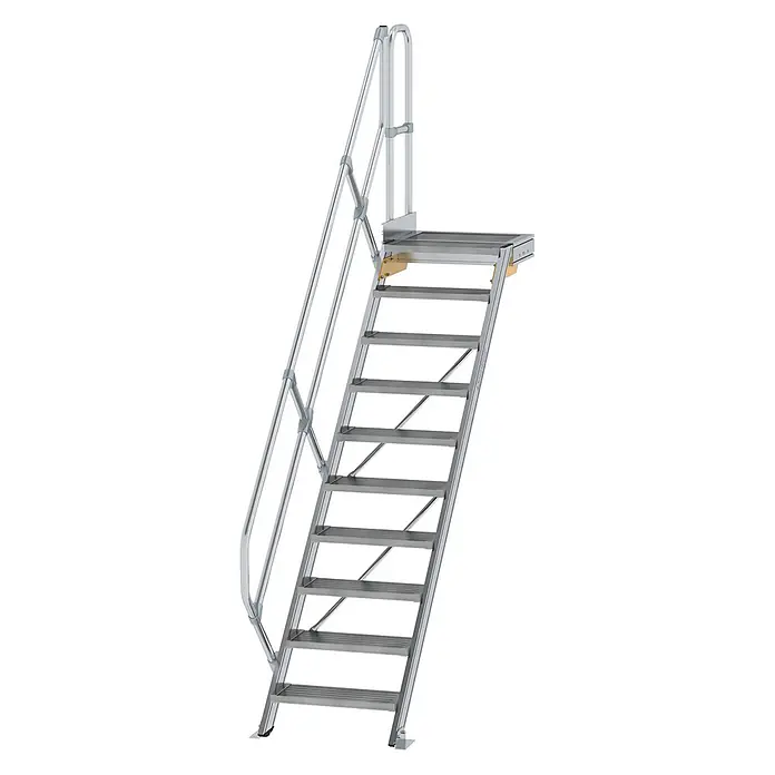 Munk Außentreppe Treppe mit Plattform 45° inkl. einen Handlauf, 600mm Stufenbreite, 10 Stuf - Anzahl Steigungen: 10 Stk. - Silberfarbene Aluminium-Industrialtreppe mit rutschfesten Stufen, einer Plattform und Sicherheitsgeländern.