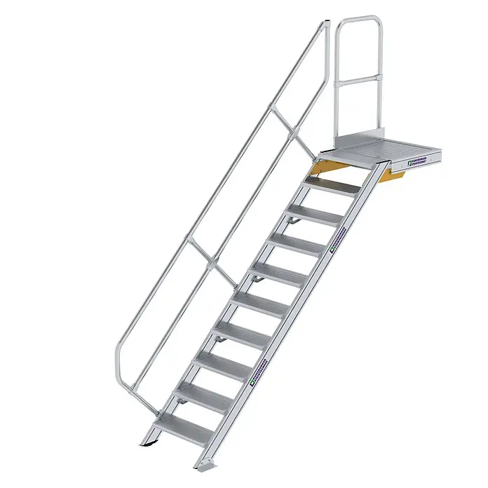 Munk Außentreppe Treppe mit Plattform 45° inkl. einen Handlauf, 600mm Stufenbreite, 10 Stuf - Anzahl Steigungen: 10 Stk. - Industrielle Zugangsleiter aus Aluminium mit Handläufen und 10 Stufen zu einer Plattform.
