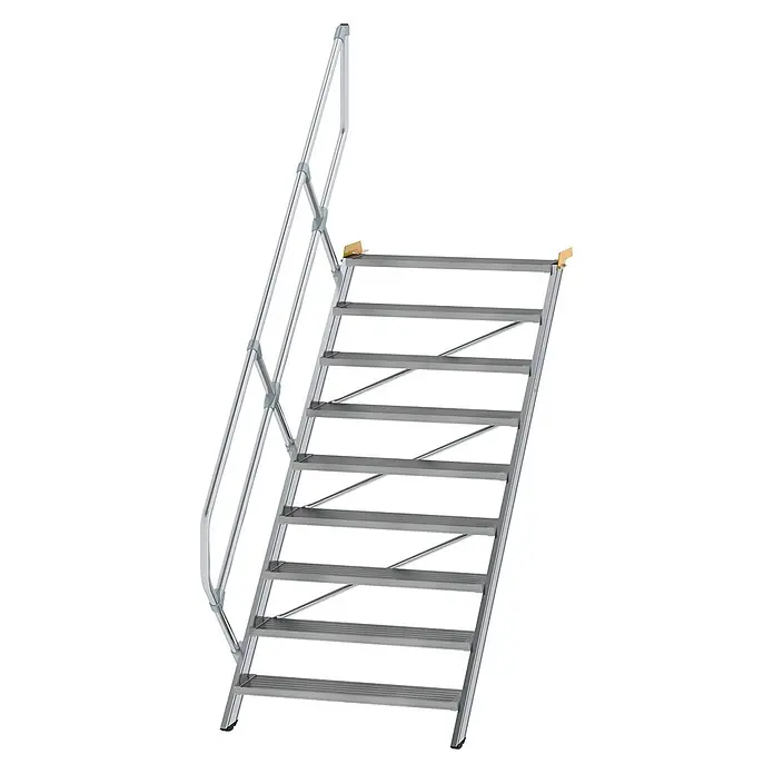 Munk Außentreppe Treppe 45° inkl. einen Handlauf, 1000mm Stufenbreite, 9 Stufen - Anzahl Steigungen: 9 Stk. - Silberne Aluminium-Zutrittstreppe mit Handlauf für sicheren temporären oder industriellen Zugang.