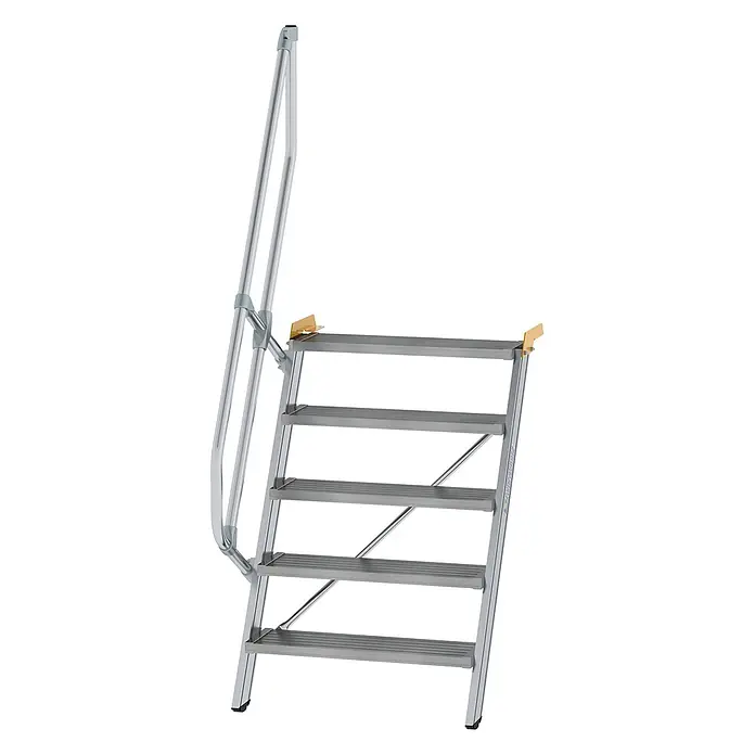 Munk Außentreppe Treppe 60° inkl. einen Handlauf, 800mm Stufenbreite, 5 Stufen - Anzahl Steigungen: 5 Stk. - Silberne Aluminium-Zugangstreppe mit fünf Stufen und Handlauf, gelben oberen Clips und schwarzen Anti-Rutsch-Füßen.