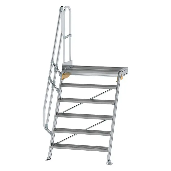 Munk Außentreppe Treppe mit Plattform 60° inkl. einen Handlauf, 1000mm Stufenbreite, 6 Stuf - Anzahl Steigungen: 6 Stk. - Modulare Aluminium-Zugangstreppe mit fünf Stufen, integrierter Plattform und Sicherheitsgeländer.