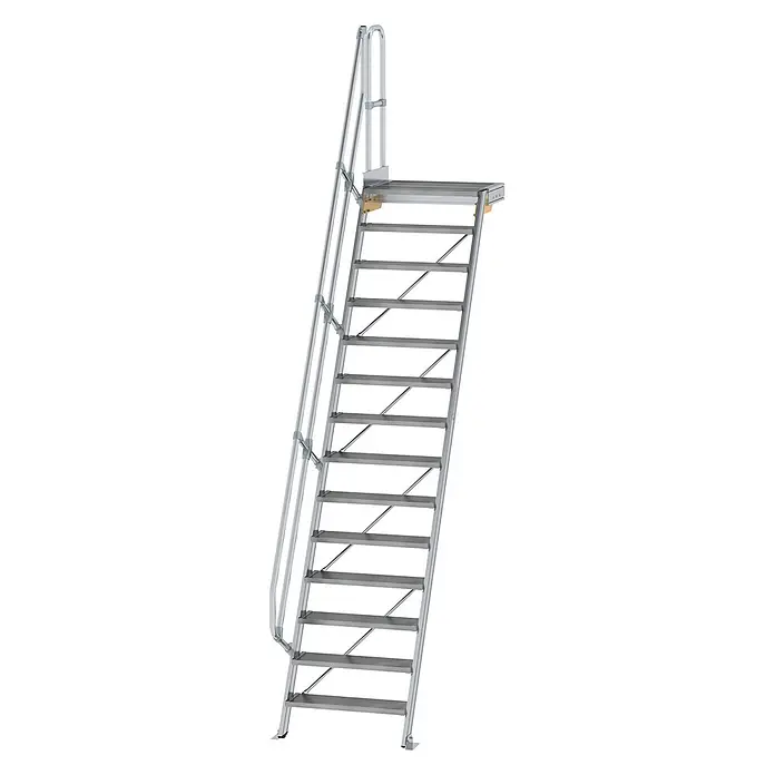 Munk Außentreppe Treppe mit Plattform 60° inkl. einen Handlauf, 800mm Stufenbreite, 14 Stuf - Anzahl Steigungen: 14 Stk. - Silberne Aluminium-Zugangsleiter mit Plattform und Handläufen.