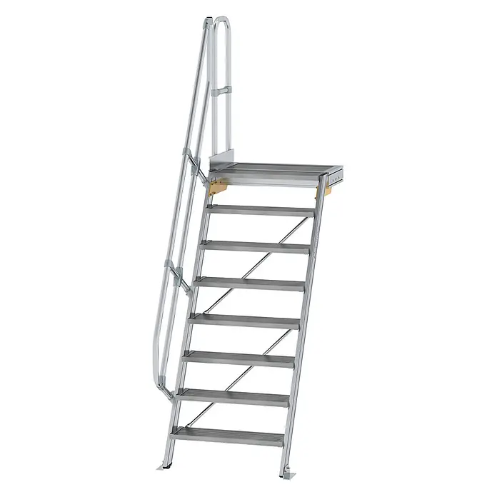 Munk Außentreppe Treppe mit Plattform 60° inkl. einen Handlauf, 800mm Stufenbreite, 8 Stufe -  - Aluminium-Zugangstreppe mit Handlauf und obenliegender Plattform.