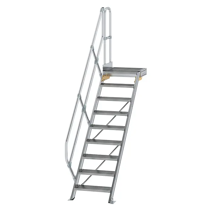 Munk Außentreppe Treppe mit Plattform 45° inkl. einen Handlauf, 600mm Stufenbreite, 9 Stufe - Anzahl Steigungen: 9 Stk. - Silberne Aluminium-Zugangstreppe mit Podest, rutschfesten Stufen und Schutzgeländer.