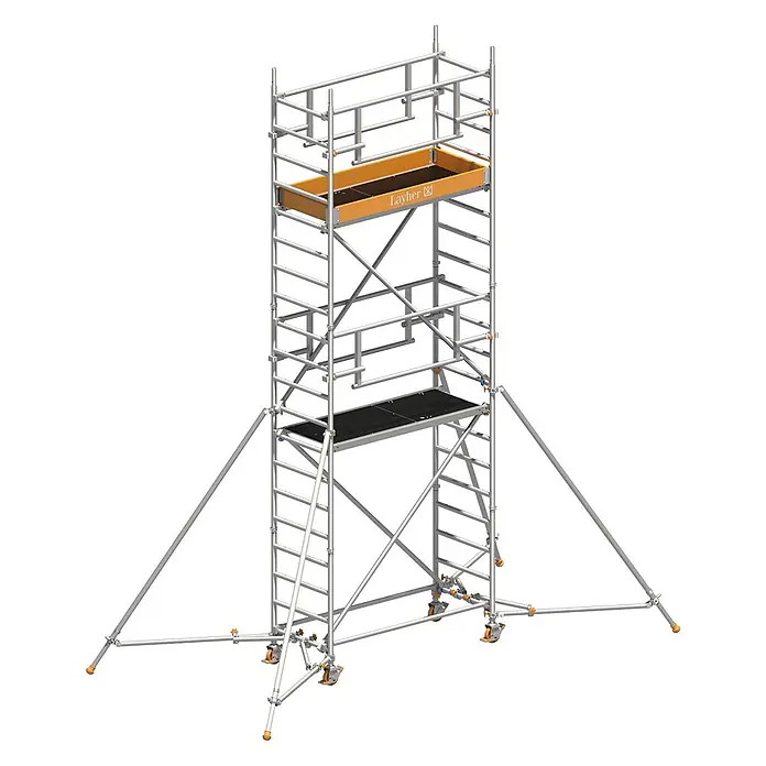 Layher Rollgerüst Rollgerüst Uni Leicht P2 Safety Plus mit Doppelgeländer und ausziehbaren - Arbeitshöhe: 6.100 m - Silbernes Layher Rollgerüst mit schwarzen Plattformen, orangefarbener Ablage, Auslegern und Rollen für sicheres Arbeiten in der Höhe.