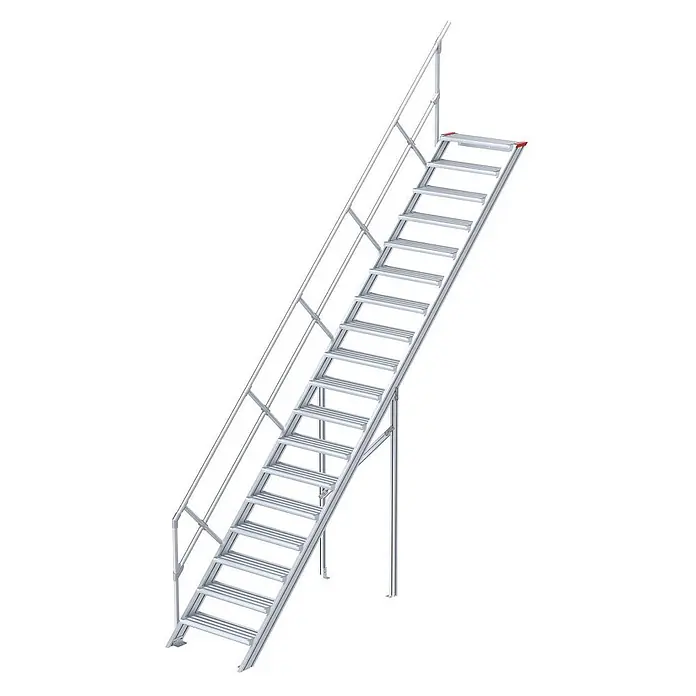Euroline Außentreppe 510 Treppe 45° 600mm Stufenbreite 18 Stufen Alu gerieft - Anzahl Steigungen: 18 Stk. - Modulare Treppe aus silbernem Aluminium mit Handläufen und Stützbeinen, geeignet für Industriezugang oder Gerüstbau.