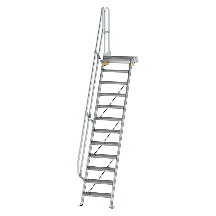 Munk Außentreppe Treppe mit Plattform 60° inkl. einen Handlauf, 600mm Stufenbreite, 12 Stuf -  - Silberne Aluminium-Industrieleiter mit Plattform und Handläufen.
