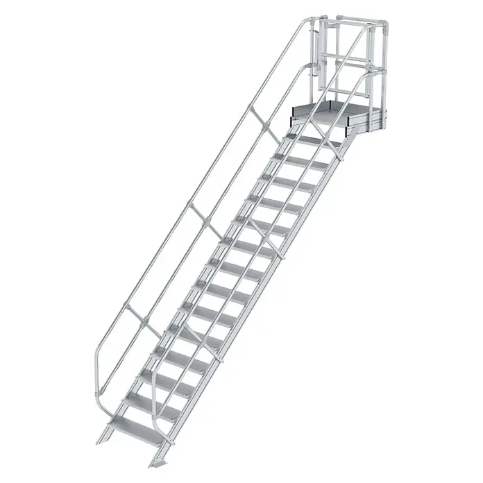 Munk Außentreppe Treppen-Modul 3120mm Plattformoberkante Aluminium geriffelt 15 Stufen - Anzahl Steigungen: 15 Stk. - Silberne Industrietreppe aus Metall mit Podest und Geländer.