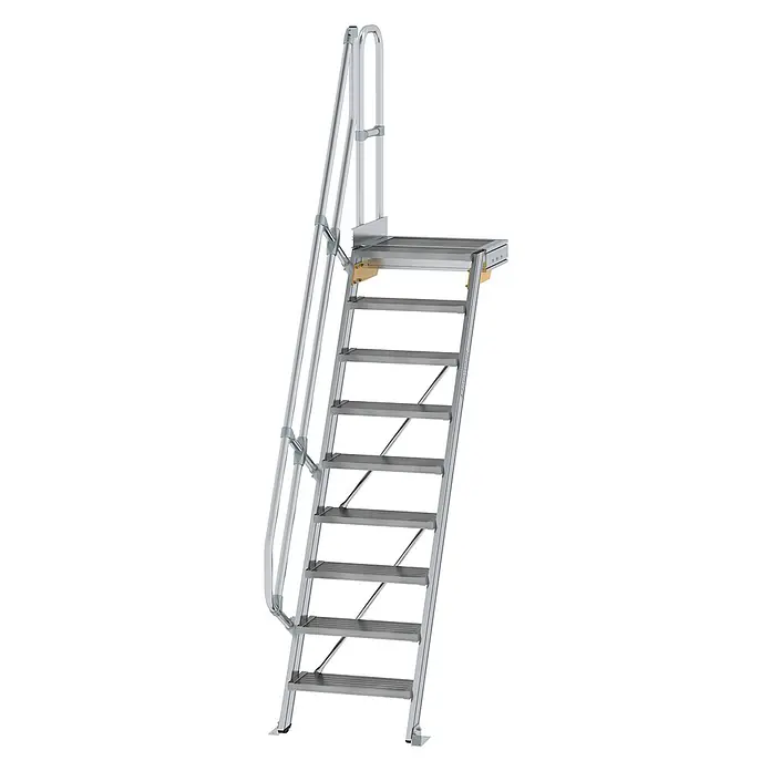 Munk Außentreppe Treppe mit Plattform 60° inkl. einen Handlauf, 600mm Stufenbreite, 9 Stufe - Anzahl Steigungen: 9 Stk. - Silberne Aluminium-Zugangstreppe mit Geländer und Podest.