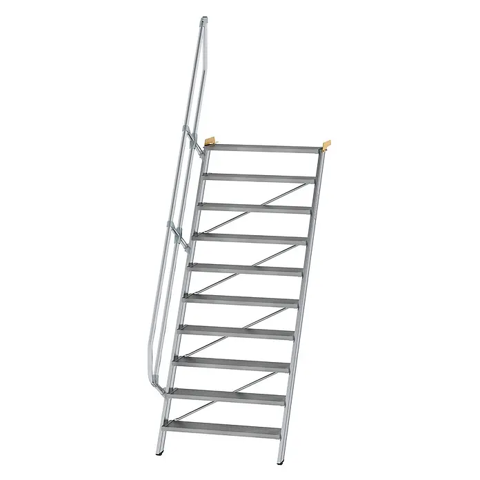 Munk Außentreppe Treppe 60° inkl. einen Handlauf, 1000mm Stufenbreite, 10 Stufen - Anzahl Steigungen: 10 Stk. - Silberne Aluminium-Zugangstreppe mit Geländer.