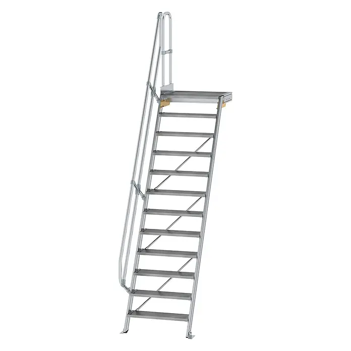 Munk Außentreppe Treppe mit Plattform 60° inkl. einen Handlauf, 800mm Stufenbreite, 12 Stuf -  - Silberne Aluminium-Zugangstreppe mit Handlauf und Plattform für erhöhten Zugang.