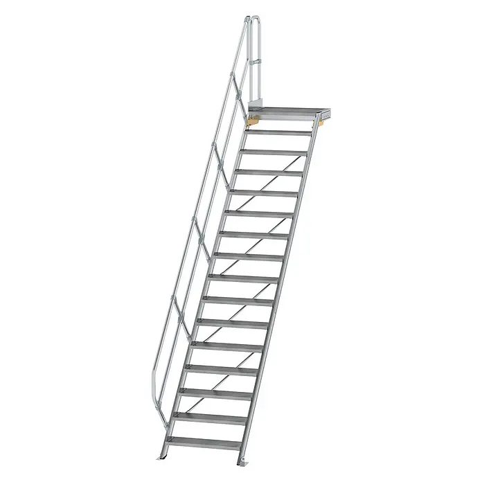 Munk Außentreppe Treppe mit Plattform 45° inkl. einen Handlauf, 800mm Stufenbreite, 16 Stuf - Anzahl Steigungen: 16 Stk. - Silberne Aluminium-Zugangstreppe mit rutschfesten Stufen, Geländern und einer oberen Plattform.