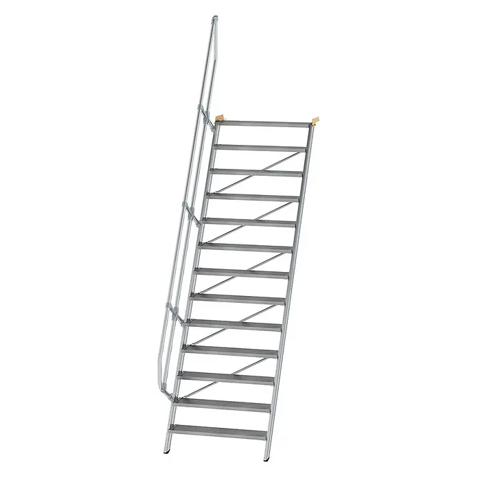 Munk Außentreppe Treppe 60° inkl. einen Handlauf, 1000mm Stufenbreite, 13 Stufen -  - Silberne Aluminium-Industrieleiter mit breiten Stufen und integriertem Handlauf für sicheren Zugang.