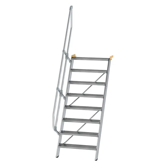 Munk Außentreppe Treppe 60° inkl. einen Handlauf, 800mm Stufenbreite, 8 Stufen - Anzahl Steigungen: 8 Stk. - Graue Aluminium-Zugangstreppe mit mehreren Stufen und einem Sicherheitshandlauf.