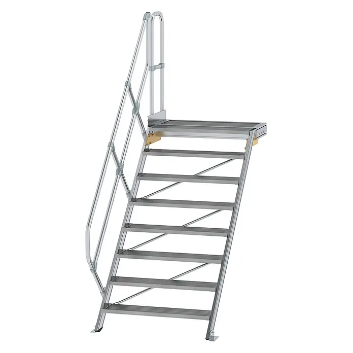 Munk Außentreppe Treppe mit Plattform 45° inkl. einen Handlauf, 1000mm Stufenbreite, 8 Stuf -  - Silber-graue Aluminiumtreppe mit sieben Stufen und Handlauf, die zu einer flachen Plattform führt.
