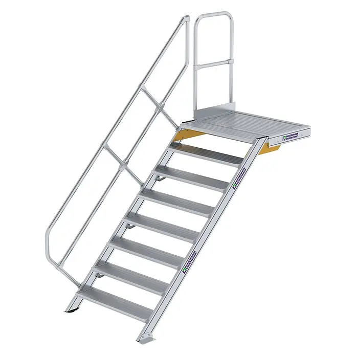 Munk Außentreppe Treppe mit Plattform 45° inkl. einen Handlauf, 1000mm Stufenbreite, 8 Stuf -  - Modulare Aluminiumtreppe mit Podest und Geländer.