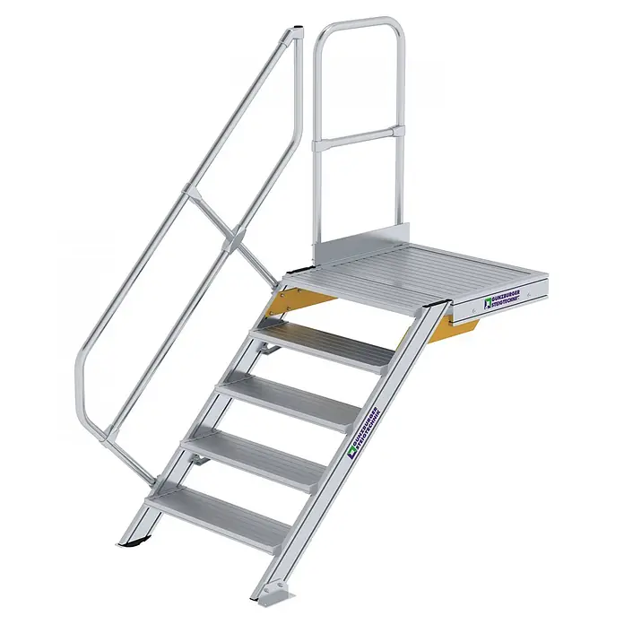 Munk Außentreppe Treppe mit Plattform 45° inkl. einen Handlauf, 800mm Stufenbreite, 5 Stufe -  - Robuste Aluminium-Stufenleiter mit rutschfesten Stufen, einer Plattform und Handläufen für sicheren industriellen oder professionellen Zugang.