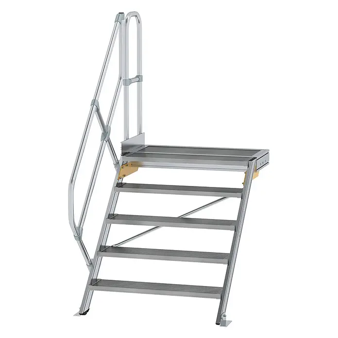 Munk Außentreppe Treppe mit Plattform 45° inkl. einen Handlauf, 800mm Stufenbreite, 5 Stufe -  - Silberne modulare Aluminiumtreppe mit Plattform und Handläufen für erhöhten Zugang.