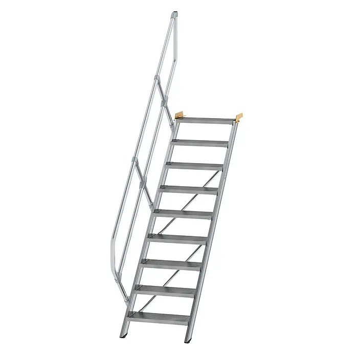 Munk Außentreppe Treppe 45° inkl. einen Handlauf, 600mm Stufenbreite, 9 Stufen - Anzahl Steigungen: 9 Stk. - Silberne Aluminium-Industrietreppe mit geriffelten Stufen und einseitigem Handlauf.