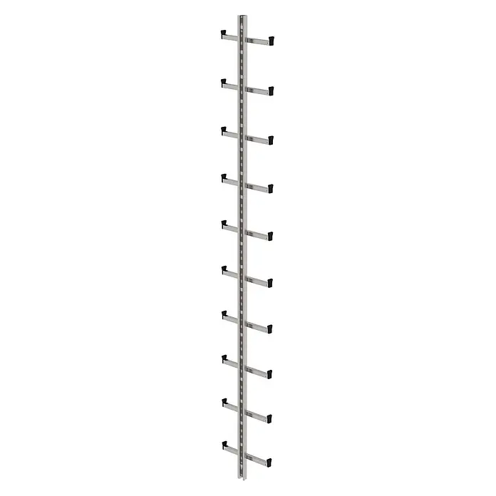 Munk Einholmleiter Einholmleiter Edelstahl V4A Länge 2,80m - Edelstahl - Vertikales silbernes Metall-Lagerregal mit mehreren horizontalen Armen und schwarzen Gummikappen.