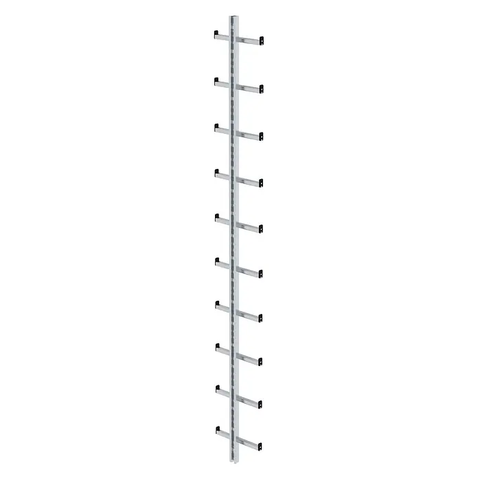 Munk Einholmleiter Einholmleiter Edelstahl V4A Länge 2,80m - Edelstahl - Heller Aluminium-Vertikallagerregal mit mehreren horizontalen Auslegern und schwarzen Endkappen zur organisierten Lagerung.