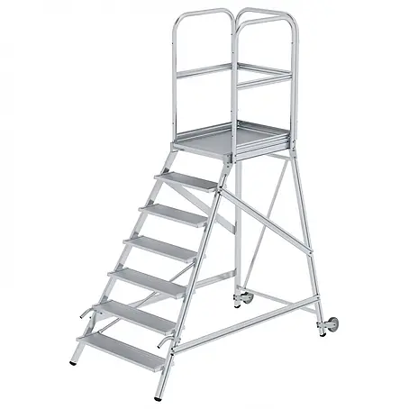 Munk  Treppenpodest Podestleiter mit Rollen und Griff Aluminium geriffelt 7 Stufen