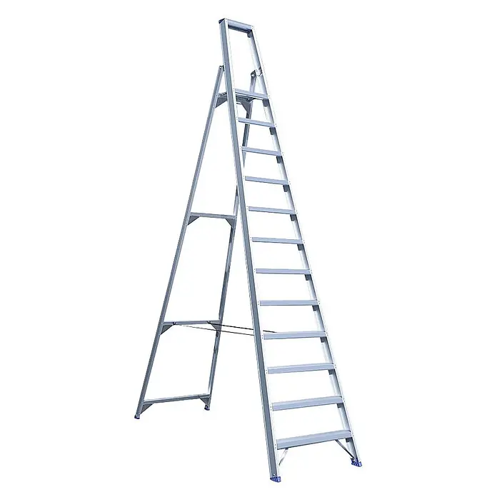 ASC Podestleiter Eurostairs Stufenstehleiter einseitig eloxiert mit Plattform 12 Stufen - Anzahl Tritte: 12 Stk., Arbeitshöhe: 4.800 m, Aluminium - Silber-graue Aluminium-Stehleiter mit mehreren Stufen.