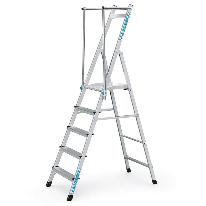 Zarges Podestleiter Plattformleiter ZAP Neo S mit klappbarem Handlauf 5 Stufen - Anzahl Tritte: 5 Stk., Arbeitshöhe: 3.240 m, Aluminium - Silberne Aluminium-Arbeitsplattformleiter mit breiter Trittfläche und Schutzgeländern für Stabilität und Sicherheit.