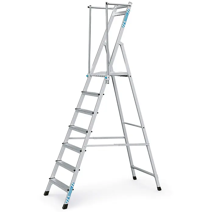 Zarges Podestleiter Plattformleiter ZAP Neo S mit klappbarem Handlauf 7 Stufen - Anzahl Tritte: 7 Stk., Arbeitshöhe: 3.740 m, Aluminium - Silberne Aluminium-Stehleiter mit breiten Stufen, oberer Plattform und Sicherheitsgeländern.
