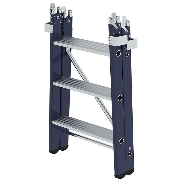 Munk Podestleiter Einsteckteil Plus 3 Stufen für steckbare Plattformleiter - Aluminium - Dunkelblaue Mehrzweck-Klappleiter mit silbernen Aluminiumstufen.