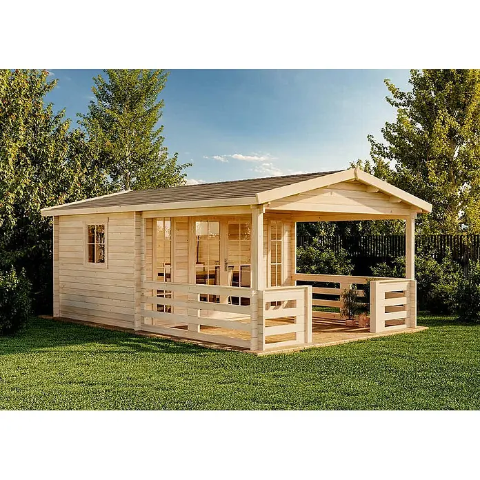 Alpholz Gartenhaus Lappland B 40mm Wandstärke - Außenmaß inkl. Dachüberstand (B x T): 410 x 594 cm, Holz, Naturbelassen - Helles Holzgartenhaus mit überdachter Veranda.