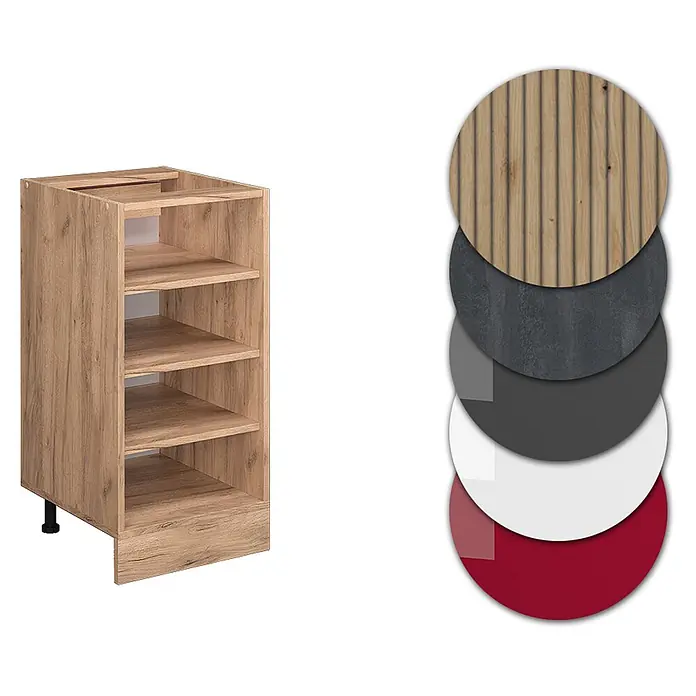 Vicco Schrankküche R-Line Goldkraft Eiche, AP Anthrazit - Goldkraft Eiche, Regalunterschrank 40 cm, AP Anthrazit - Küchenunterschrank in heller Eichenoptik mit Einlegeböden und Materialmustern in Holz, Grau, Weiß, Rot.