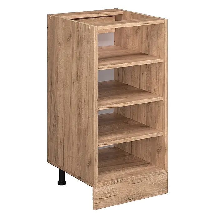 Vicco Schrankküche R-Line Goldkraft Eiche, AP Anthrazit - Goldkraft Eiche, Regalunterschrank 40 cm, AP Anthrazit - Hellbrauner Küchenunterschrank in Holzoptik mit vier offenen Regalböden und verstellbarem Fuß.
