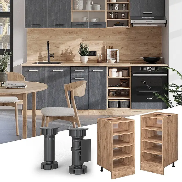 Vicco Schrankküche R-Line Goldkraft Eiche, AP Anthrazit - Goldkraft Eiche, Regalunterschrank 40 cm, AP Anthrazit - Verstellbare dunkelgraue Schrankfüße und helle offene Küchenregaleinheiten aus Holz.