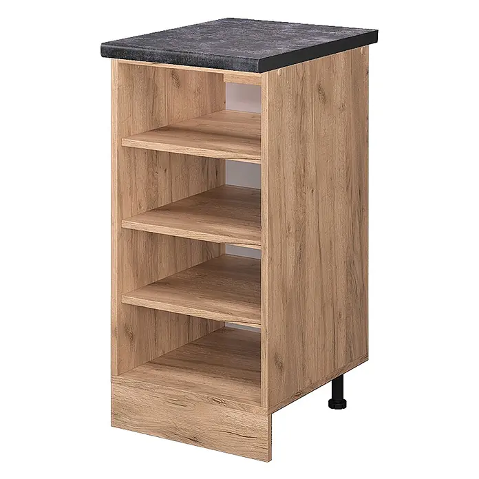 Vicco Schrankküche R-Line Goldkraft Eiche, AP Anthrazit - Goldkraft Eiche, Regalunterschrank 40 cm, AP Anthrazit - Helles Holzdekor-Regal mit offenen Fächern, dunkler Arbeitsplatte und verstellbarem Fuß.