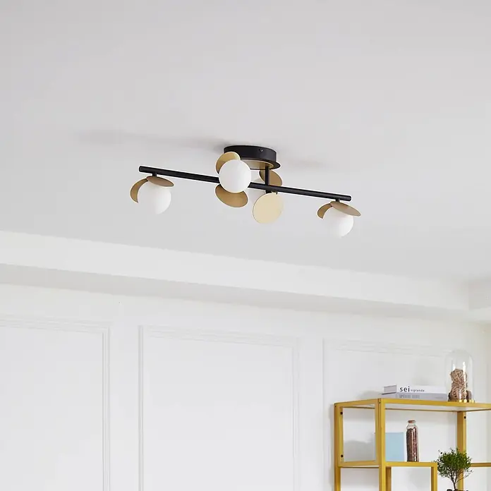 Lucande Deckenleuchte Pallo - L x B x H: 70 x 23,5 x 21,5 cm, schwarz - Moderne schwarz-goldene Deckenleuchte mit drei weißen Kugeldiffusoren.