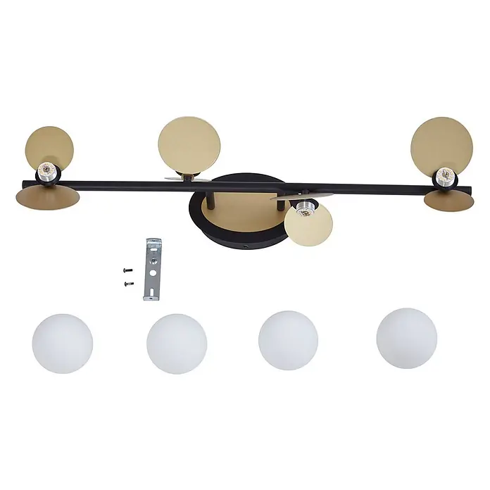 Lucande Deckenleuchte Pallo - L x B x H: 70 x 23,5 x 21,5 cm, schwarz - Eine gold-schwarze 4-flammige Leuchte mit Kugel-Diffusoren, Montagehalterung und Schrauben.