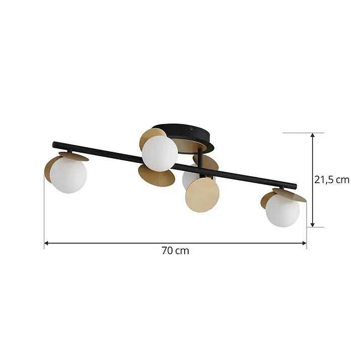 Lucande Deckenleuchte Pallo - L x B x H: 70 x 23,5 x 21,5 cm, schwarz - Schwarze und goldene Deckenleuchte mit vier weißen Kugelglühbirnen, 70 cm breit, 21,5 cm hoch.