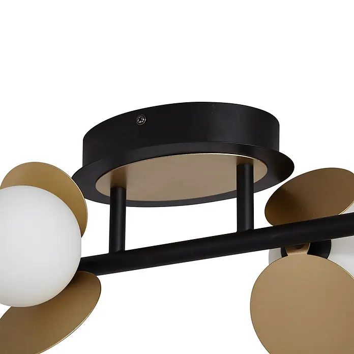 Lucande Deckenleuchte Pallo - L x B x H: 70 x 23,5 x 21,5 cm, schwarz - Moderne Deckenleuchte mit schwarzen und goldenen Elementen, weißen Kugeldiffusoren und schwarzem Rahmen mit goldenen Dekorscheiben.