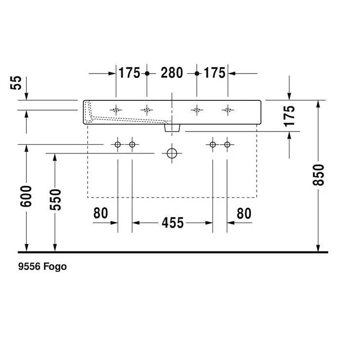 Duravit Vero Doppelwaschtisch - 120 x 47 cm, Ohne Spezialglasur, Hahnloch: Mitte, Mit Überlauf, Weiß, Ungeschliffen - Schemazeichnung des Duravit 9556 Fogo Waschtischs mit Maßangaben zu Abständen, Höhen und Breiten der Bohrungen und des Beckens.