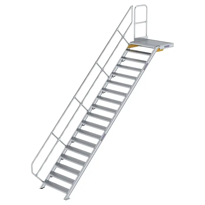 Munk Außentreppe Treppe mit Plattform 45° inkl. einen Handlauf, 1000mm Stufenbreite, 18 Stu - Anzahl Steigungen: 18 Stk. - Aluminium-Zugangstreppe mit Plattform und Geländern für erhöhten Zugang.