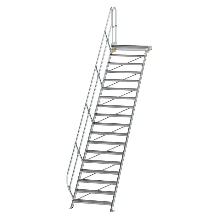 Munk Außentreppe Treppe mit Plattform 45° inkl. einen Handlauf, 1000mm Stufenbreite, 18 Stu - Anzahl Steigungen: 18 Stk. - Silberne Aluminium-Zugangstreppe mit Handlauf und oberer Plattform.
