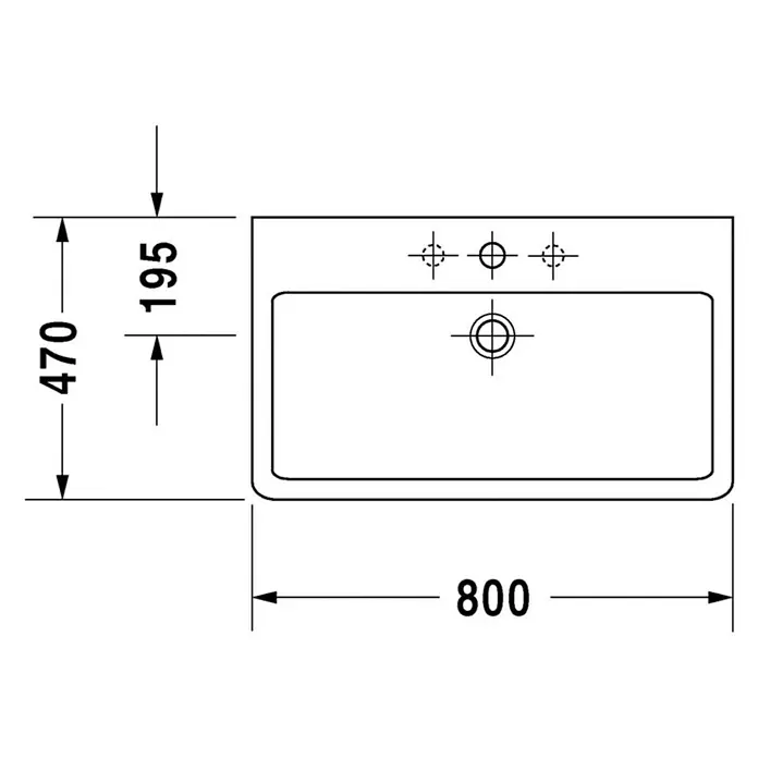 Duravit Vero Waschtisch - 80 x 47 cm, Ohne Spezialglasur, Hahnloch: Mitte, Mit Überlauf, Weiß, Ungeschliffen - Technische Zeichnung eines Waschbeckens mit Maßen 800 x 470 mm und einer Tiefe von 195 mm.