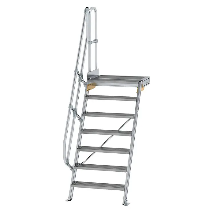 Munk Außentreppe Treppe mit Plattform 60° inkl. einen Handlauf, 800mm Stufenbreite, 7 Stufe - Anzahl Steigungen: 7 Stk. - Modulare Aluminium-Zugangstreppe mit Plattform und Geländern.