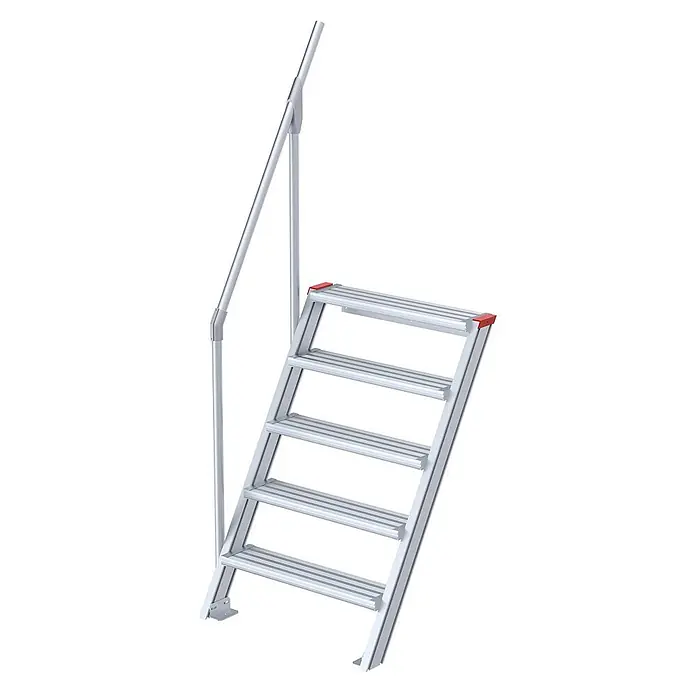 Euroline Außentreppe 510 Treppe 60° 600mm Stufenbreite 5 Stufen Alu gerieft - Anzahl Steigungen: 5 Stk. - Silberne Aluminium-Industriestufen mit fünf Trittflächen und einem einseitigen Geländer, mit roten Kappen an der obersten Stufe.