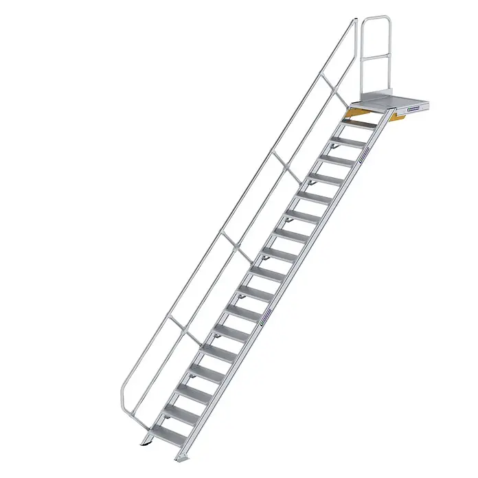 Munk Außentreppe Treppe mit Plattform 45° inkl. einen Handlauf, 600mm Stufenbreite, 18 Stuf - Anzahl Steigungen: 18 Stk. - Silberne Aluminium-Zugangsleiter mit rutschfesten Stufen, Handläufen und Plattform für sicheren Höhenzugang.
