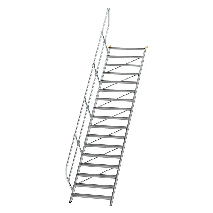 Munk Außentreppe Treppe 45° inkl. einen Handlauf, 1000mm Stufenbreite, 17 Stufen - Anzahl Steigungen: 17 Stk. - Graue Metalltreppe mit einseitigem Geländer für sicheren Zugang.